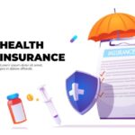 Health insurance banner. Vector poster with cartoon illustration of clipboard with claim form, shield with cross, umbrella and pharmacy drugs. Healthcare concept with medical insurance